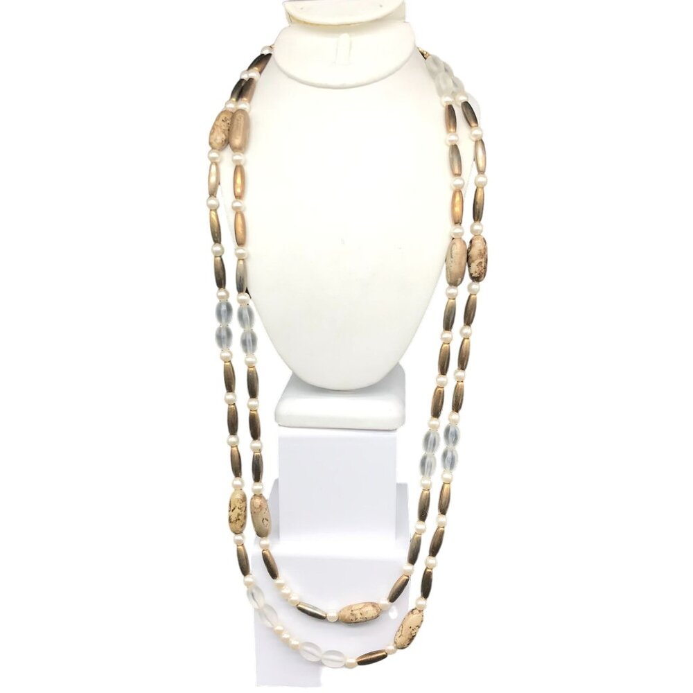 Unique Vintage Double Strand Necklace with Faux Pearls, Faux Jasper Stone, Frost